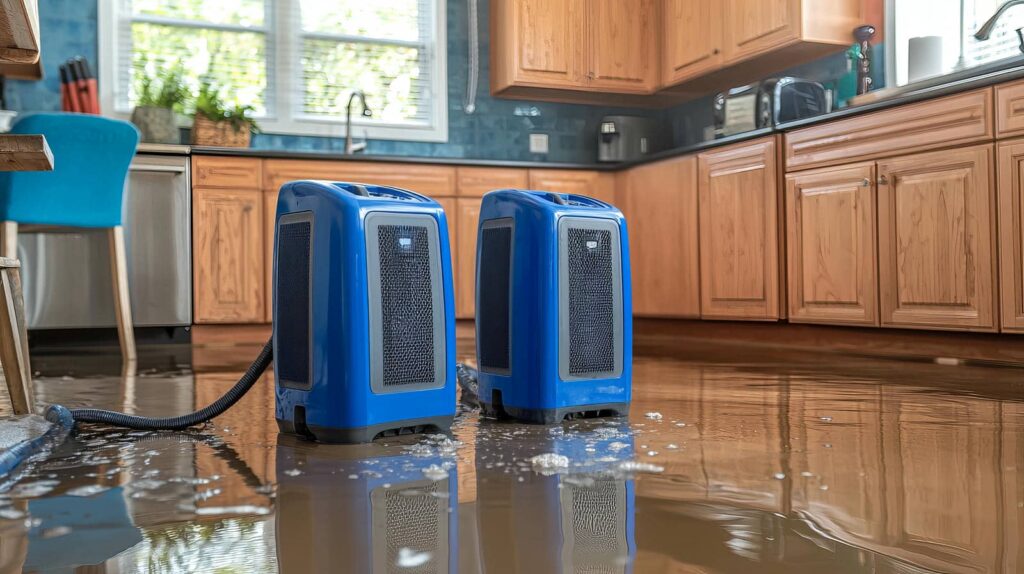 Two blue water dryers on a flooded kitchen floor with wooden cabinets and a window in the background.