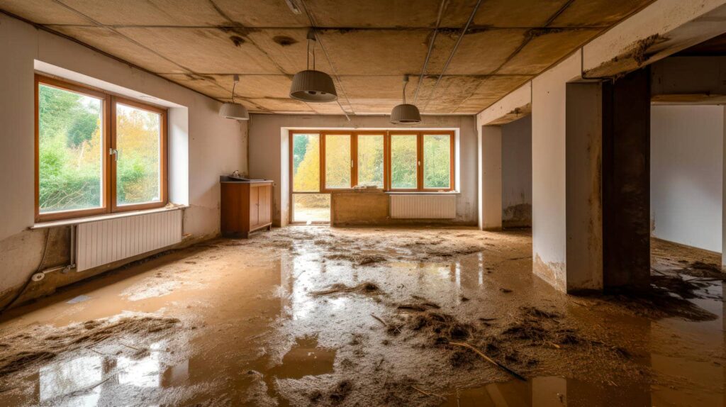 Flood-damaged room with muddy water and debris covering the floor and stained walls.