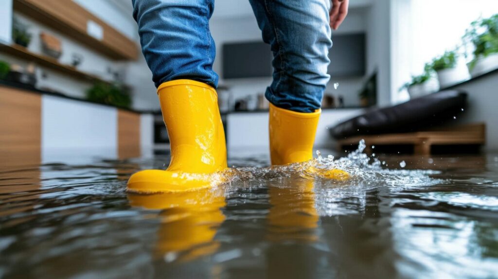 Person wearing yellow rain boots splashing in flooded indoor water.