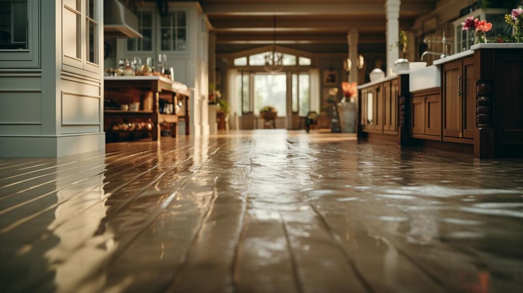 Flooded kitchen with water covering the wooden floor and cabinets on both sides.