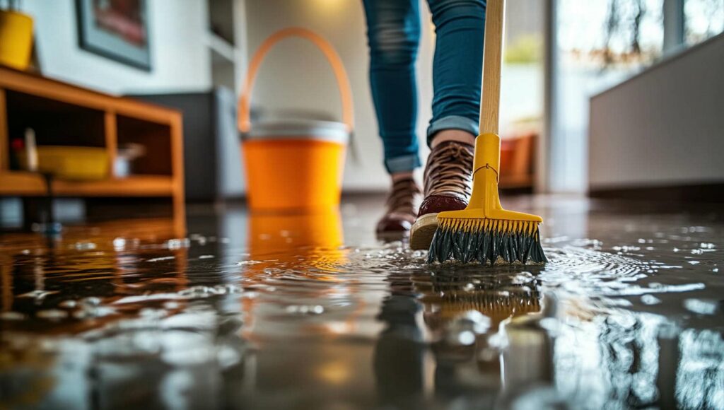 Person mopping a wet floor with a yellow brush and an orange bucket in the background.