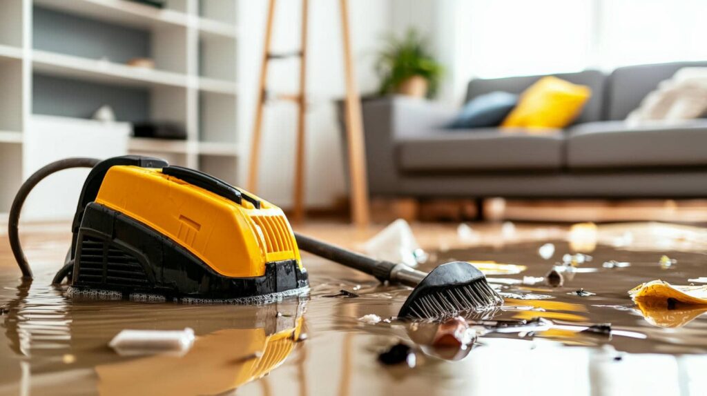 Flooded living room with a submerged vacuum cleaner and scattered debris in the water.