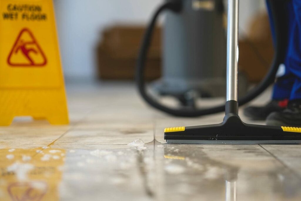 A person using a squeegee to clean a wet floor with a yellow caution sign nearby.