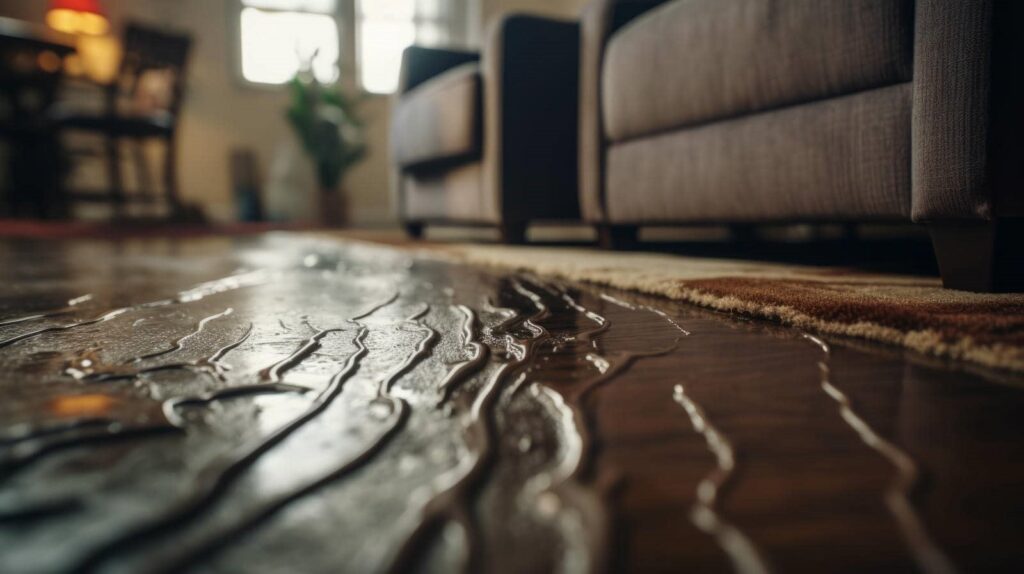 Water spilled on a wooden floor near a carpet and sofa legs in a living room.