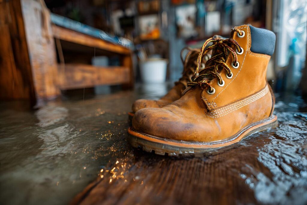 A pair of worn brown work boots standing on a flooded wooden floor indoors.