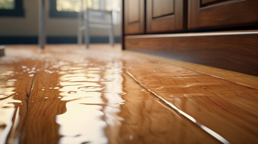 Water pooled on a wooden floor near kitchen cabinets.