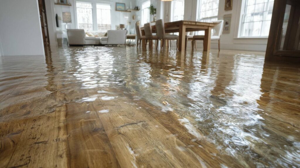 Water flooding the wooden floor of a living and dining room with furniture partially submerged.