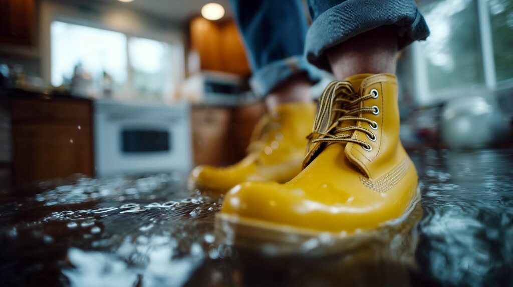 Person wearing yellow rain boots standing in a flooded kitchen with water on the floor.