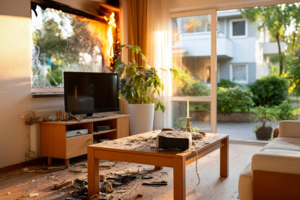 Living room with a broken window on fire and debris scattered on the floor and table.