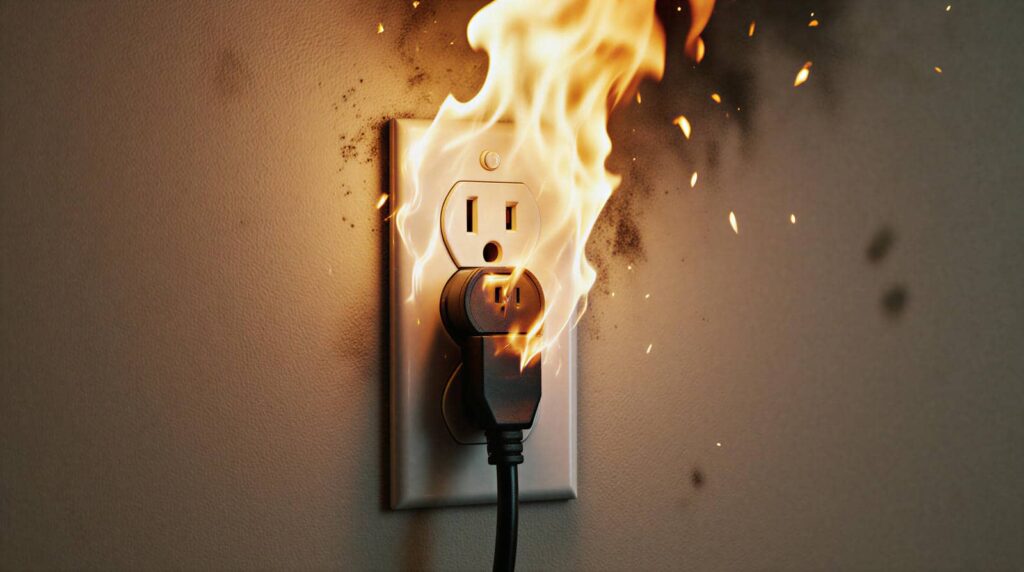Electrical outlet with a plug on fire, flames and sparks coming from the connection.