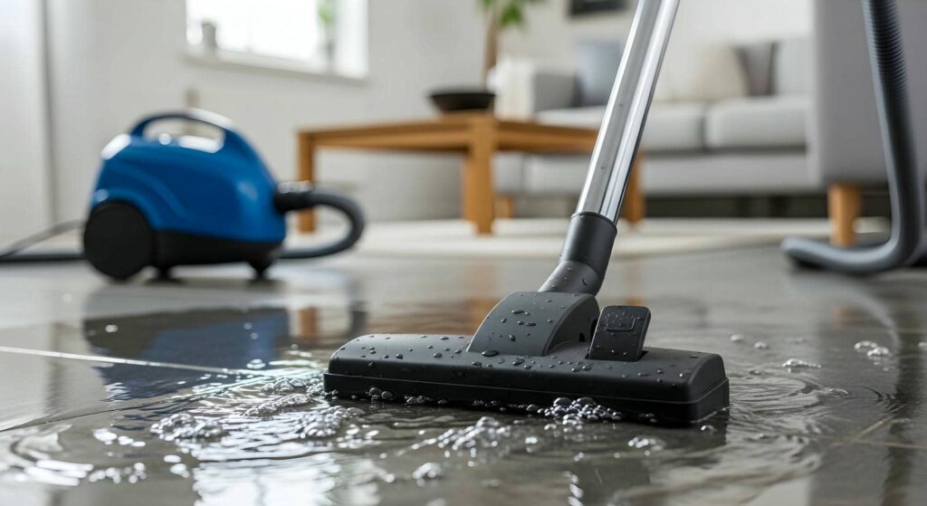 Vacuum cleaner head sucking up water from a wet tiled floor in a living room.