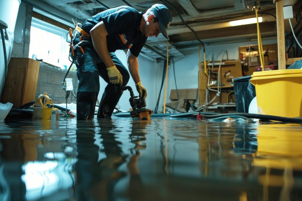 Worker in waterproof boots using a pump to remove water from a flooded basement.