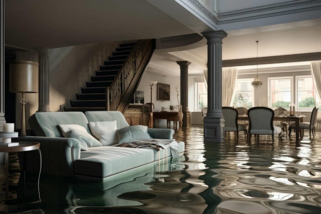 Flooded living room with water covering the floor around a sofa and dining area.