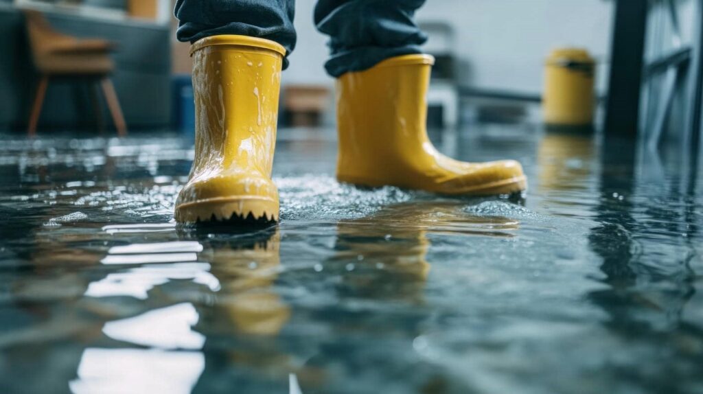 Person wearing yellow rain boots standing in a flooded indoor area with water on the floor.