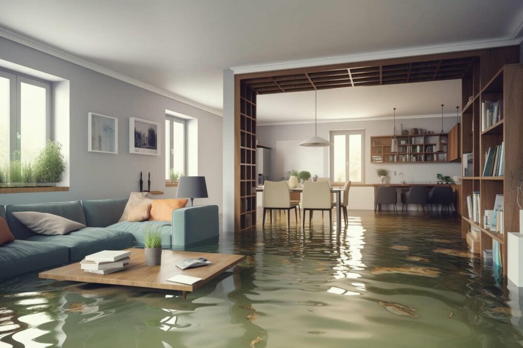 Living room and dining area flooded with water covering the floor and floating debris.