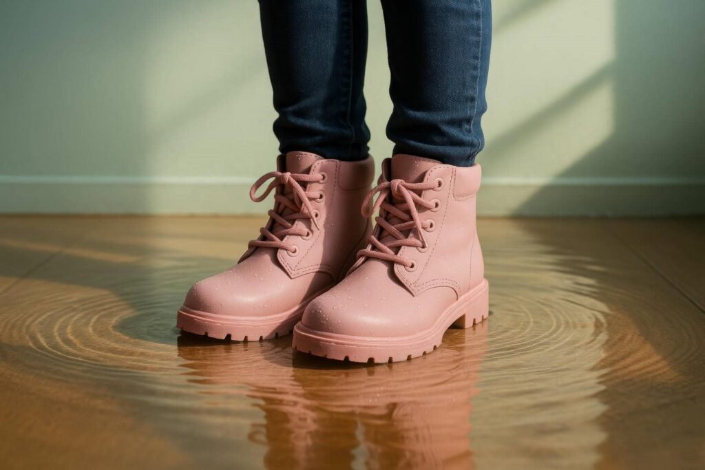 Person wearing pink boots standing in a shallow puddle on a wooden floor.