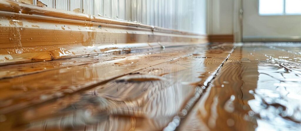 Wet wooden floor with water puddles near a wall and a door in the background.