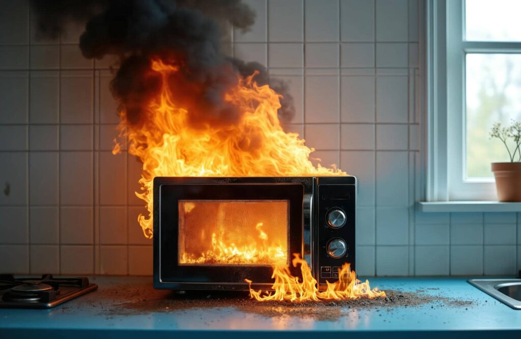 Microwave oven engulfed in flames with thick black smoke on a kitchen countertop.