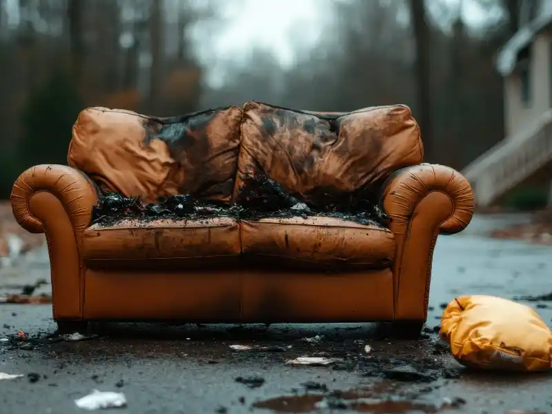 Burnt brown leather couch with charred cushions on an outdoor pavement. contents packout services