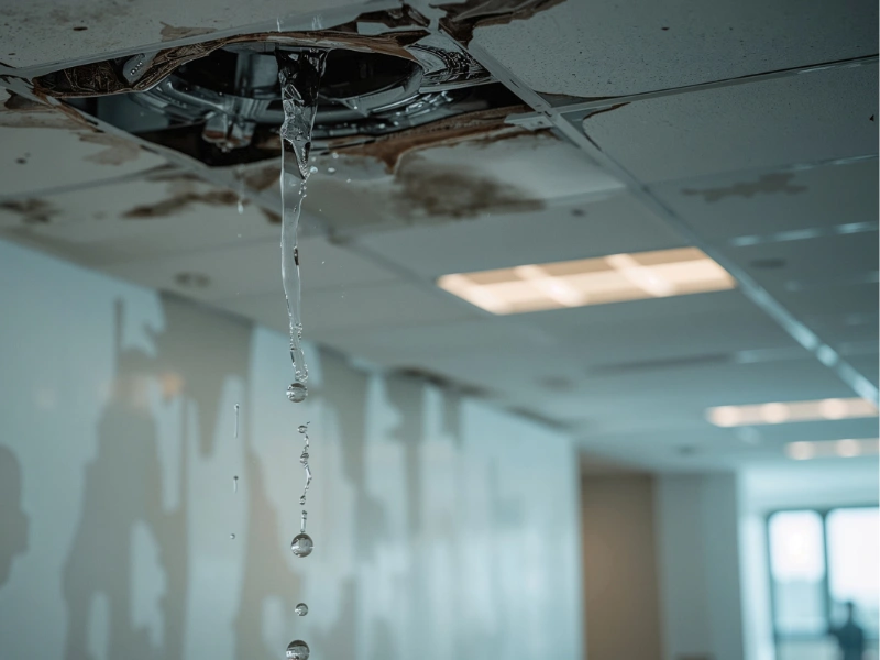 Water leaking from a damaged ceiling tile with visible stains and broken panels. licensed restoration company in North Alabama commercial restoration services