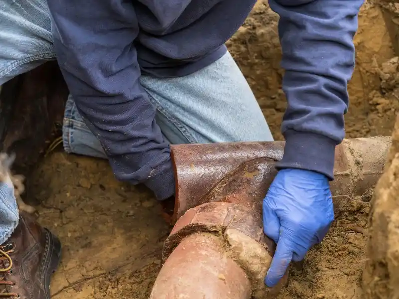 Person wearing blue gloves repairing a rusty underground pipe in dirt. sewage cleanup services