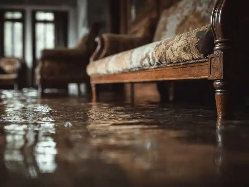 Water flooding the floor of a room with vintage upholstered wooden furniture. contents packout services