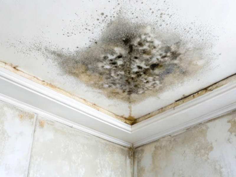 Black mold and water damage spreading on a white ceiling and upper walls in a room corner. water damage restoration in north alabama