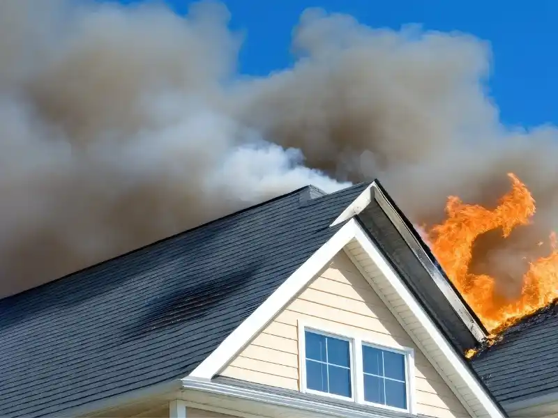 Flames and thick smoke rising from the roof of a house against a blue sky fire damage restoration