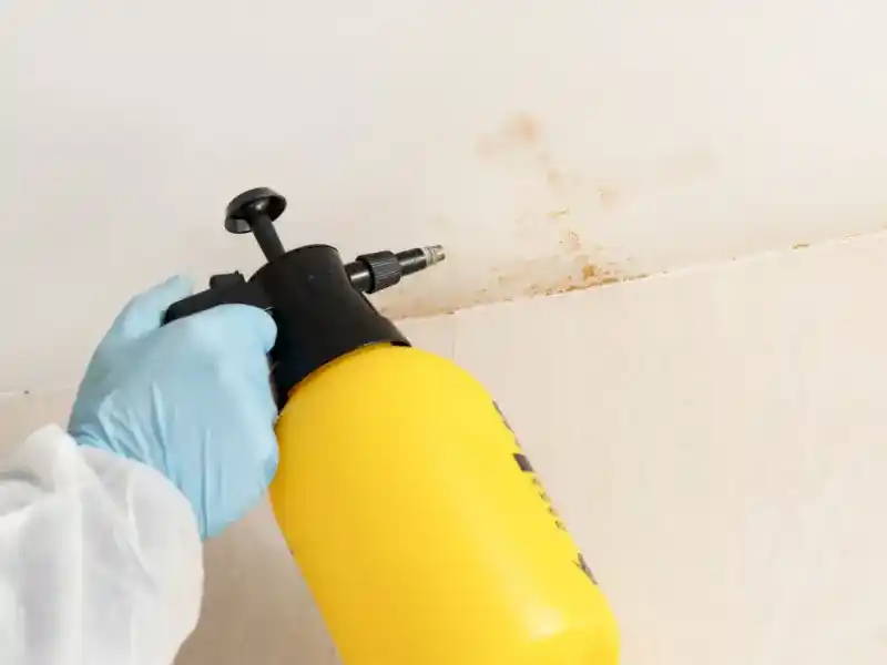 Hand in blue glove holding a yellow spray bottle aimed at mold on a white ceiling corner mold remediation services
