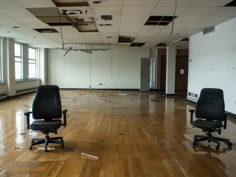 Two black office chairs in a large empty room with damaged ceiling tiles and wooden floor. commercial restoration services