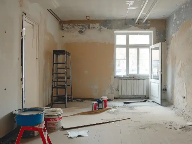 Room under renovation with paint buckets, a ladder, and an open door letting in light. disaster reconstruction services