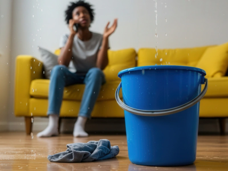 Blue bucket catching water leaking from the ceiling with a person on the phone sitting on a yellow couch in the background. water leak detection services