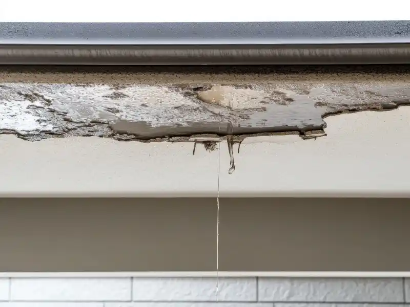 Water leaking from damaged ceiling with peeling paint and stains. water leak detection services