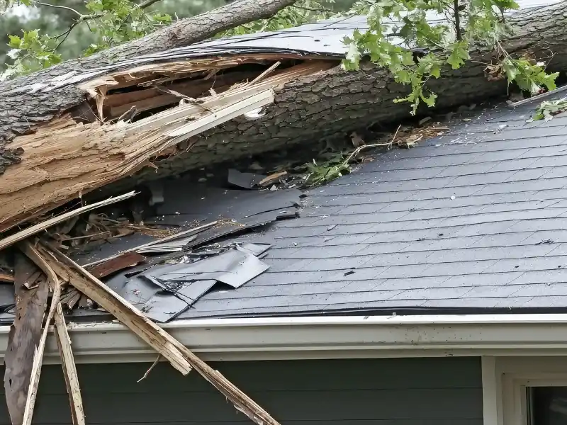 Large broken tree trunk fallen and damaging a house roof with scattered debris. storm damage restoration