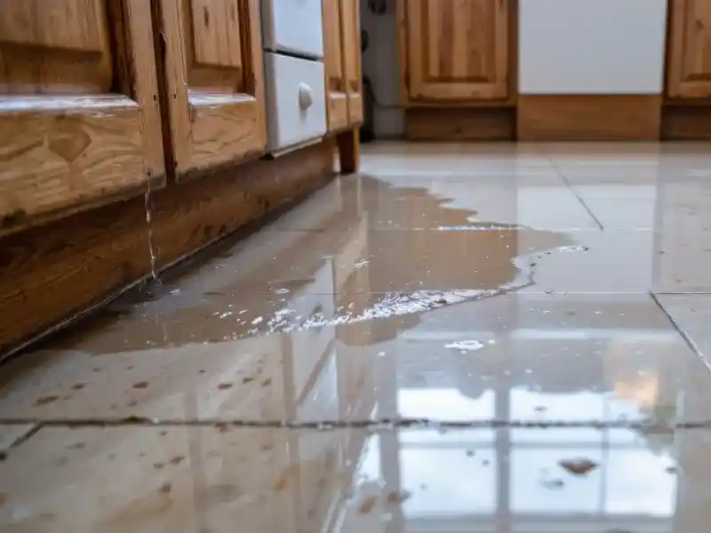 Water leaking from a kitchen cabinet onto a tiled floor. water damage restoration